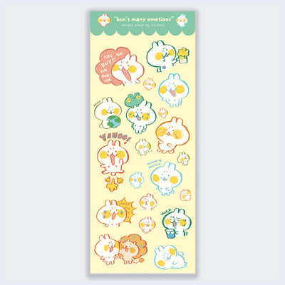 Sticker sheet featuring 20 stickers of a cartoon bunny with funny, emotive faces and yellow cheeks.