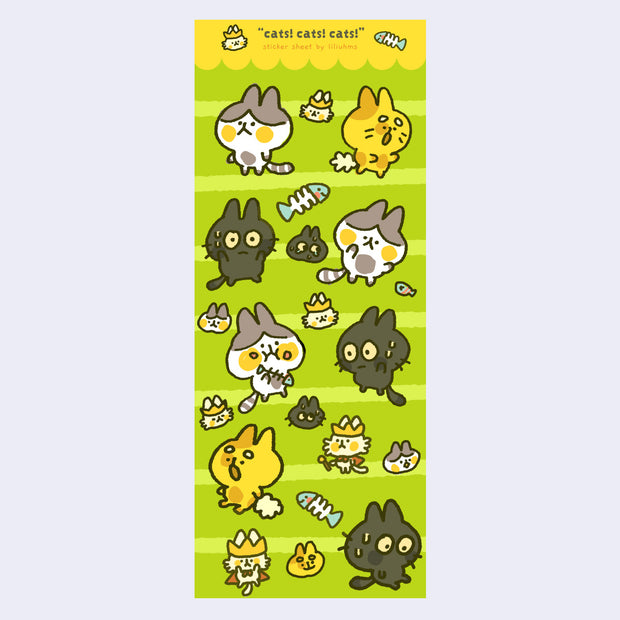 Sticker sheet with 21 different cat themed stickers - drawn in a cartoon style with large head, emotive faces and eating fish.