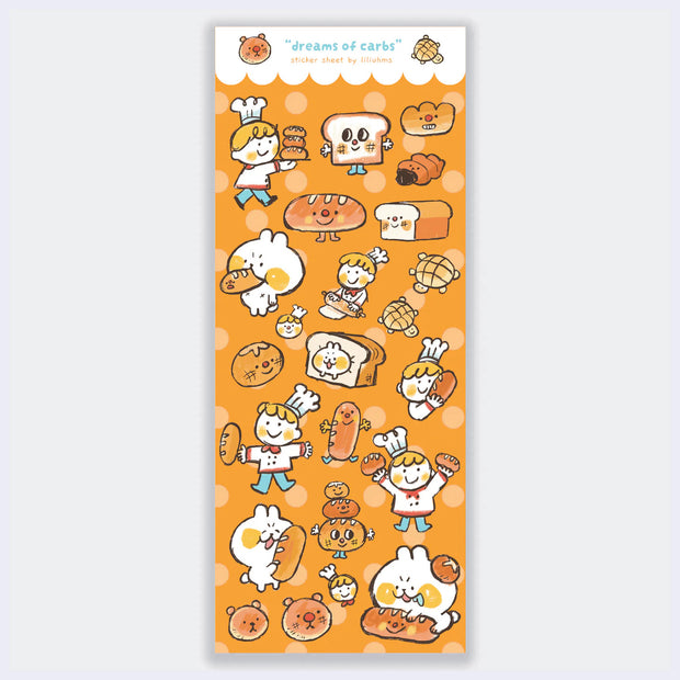 Sticker sheet with 20+ stickers featuring cartoon bread and bakers, with small cartoon faces on each piece of bread and roll.