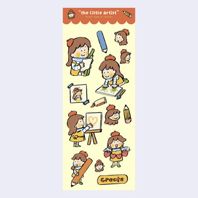 Sticker sheet with 15+ stickers of a small cartoon girl dressed like an artist, creating art on canvases and notebooks.