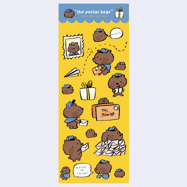 Sticker sheet featuring 20 stickers of a cartoon style brown bear, dressed as a postal worker delivering various packages and letters.