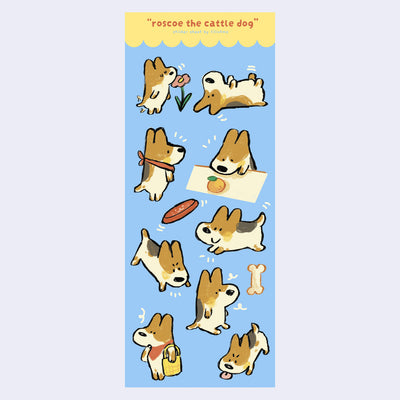 Sticker sheet featuring 11 stickers of a cartoon cattle dog, in various poses and doing different activities such as rolling over, shopping, and looking for food.