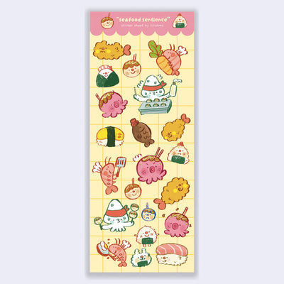 Sticker sheet with 21 different stickers, all cooked seafood snack themed, drawn in a cartoon style with items such as taiyaki, tempura, and onigiri.