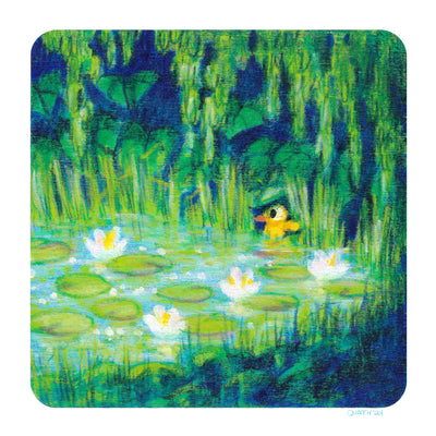 Colored pencil illustration of a very bright illuminated green pond with many lotus flowers and pads. A small duck looks out from tall grass and foliage. 