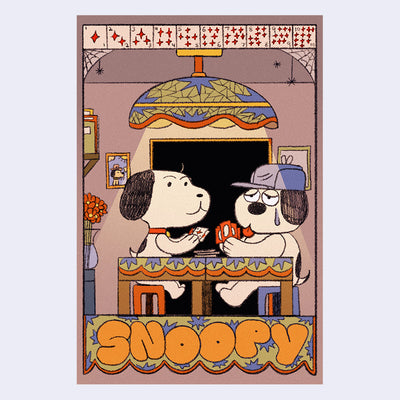 Cartoon style illustration of 2 dogs sitting at a table, playing cards under a hanging light. Dogs look like Snoopy and his brother Olaf. A row of cards acts as a top border and below is stylized text that reads "Snoopy."