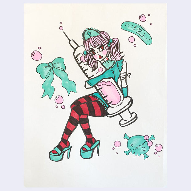 Marker illustration of a cute, gothic Nurse girl holding a very large syringe. 