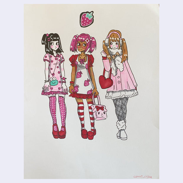 Marker illustration of 3 girls that are dressed in a Kawaii, Lolita inspired fashion.