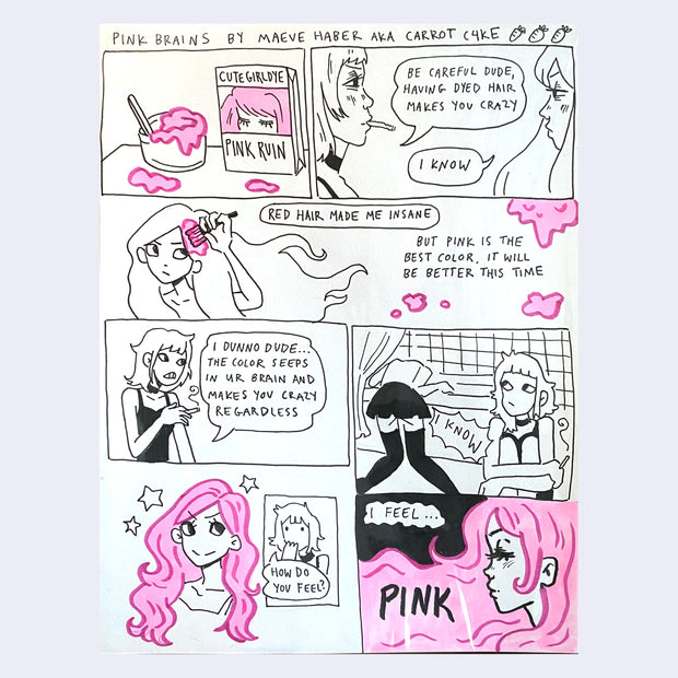 7 panel comic about a girl dying her hair pink.