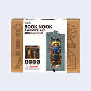 Product packaging of a 3D puzzle kit to build a bookend, scenery features a magical alleyway with small shops for wizards.