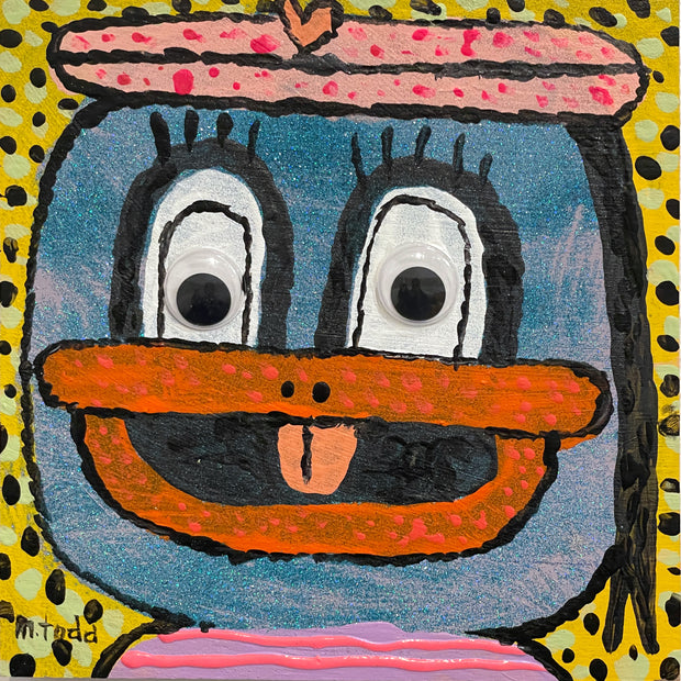 Stylistically messy painting of Donald Duck with a crazed expression and google eyes. It has blue glitter on the surface and wears a flat beret and pink striped shirt.