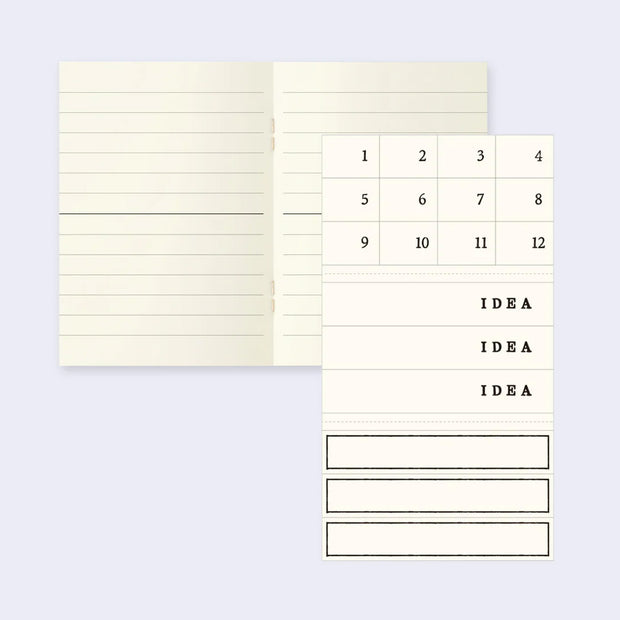 Interior of a notebook with lined ivory colored paper and a small sticker set of numbers and "idea" spaces.