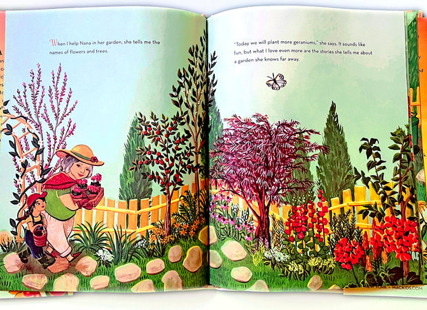 Page excerpt from Memory Garden featuring an expansive garden with lots of plants, flowers and trees and a grandmother and daughter walking through.