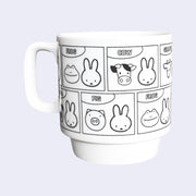 White ceramic mug featuring black line illustrations of Miffy and various animals, partnered together with text labeling each animal. It has a tapered in bottom, allowing it to be stacked with more mugs.