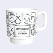 White ceramic mug featuring black line illustrations of Miffy and various animals, partnered together with text labeling each animal. It has a tapered in bottom, allowing it to be stacked with more mugs.