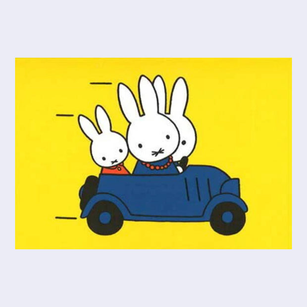 Yellow postcard with an illustration of Miffy and her parents riding in a blue car, with speed lines behind them.