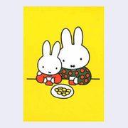 Yellow postcard with an illustration of Miffy sitting with her mom at a table, sharing a plate of possibly crackers. Each hold a cup of red juice.