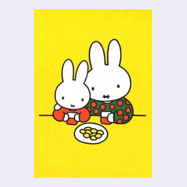 Yellow postcard with an illustration of Miffy sitting with her mom at a table, sharing a plate of possibly crackers. Each hold a cup of red juice.