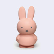 Miffy shaped coin bank, completely colored a smoky pink with gray eyes and mouth. She stands wearing a dress with her arms at her sides.