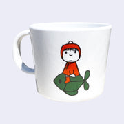 White plastic mug with a simple, cute illustration of a girl in a red coat and red hood. She rides atop of a green fish.