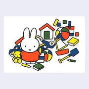 Landscape oriented white postcard with an illustration of Miffy, standing in front of a tiny house with many toys splayed messily on the ground.