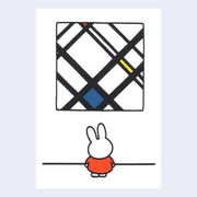 White postcard featuring an illustration of Miffy facing away and looking up at a large painting on the wall, akin to Piet Mondrian works. 