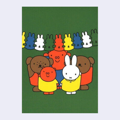 Postcard with illustration of a group of characters designed by Dick Bruna, including Miffy and Boris. They stand together with their arms raised, under a paper doll chain of Miffy's silhouette. 