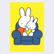 Yellow postcard with an illustration of Miffy, wearing an orange shirt and holding a smaller bunny in her lap. They sit on a blue loveseat.