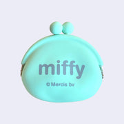 Backside of mint green silicone coin pouch with Miffy written in all lowercase gray font.