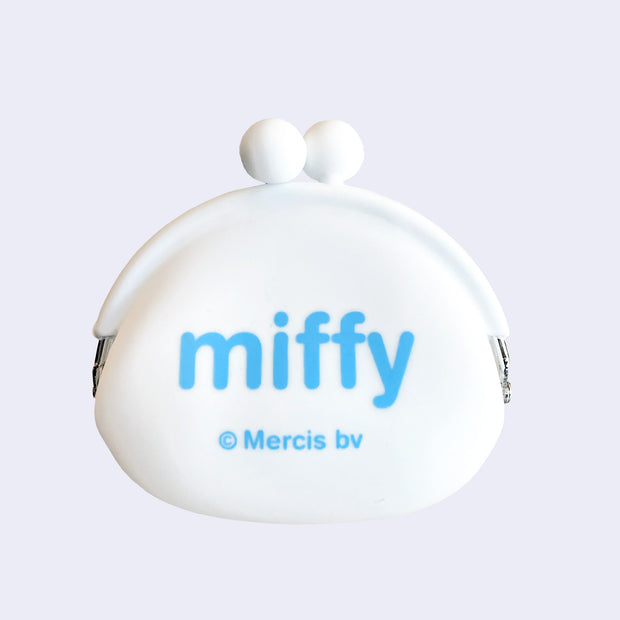 Backside of white silicone coin pouch with Miffy written in all lowercase blue font.