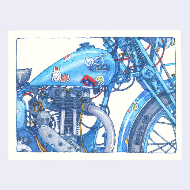 Blue ink and watercolor close up illustration of a motorcycle, zoomed into the body with a part of the front wheel showing. The body is a shiny blue with cute die cut stickers all on it and detailed mechanical parts.