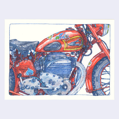 Blue ink and watercolor close up illustration of a motorcycle, zoomed into the body with a part of the front wheel showing. Motorcycle has a shiny red body with several cute, die cut stickers on it and a leather seat. Several wires are visible as is the mechanical elements of the bike.