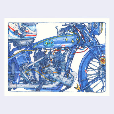 Blue ink and watercolor close up illustration of a motorcycle, zoomed into the body with a part of the front wheel showing. The body is a shiny blue with space themed stickers on it. A white motorcycle helmet rests on the seat and many of the mechanical elements of the bike are visible and uncovered.