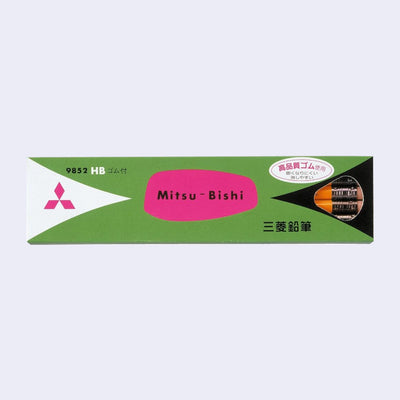 Product packaging for a pack of 12 pencils. Exterior of box is bright green with a neon pink logo in the center with "Mitsubishi" written and text in English and Japanese on the sides.