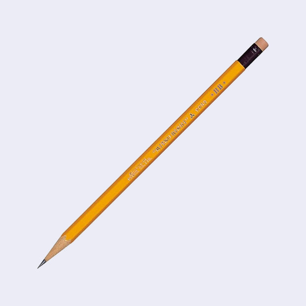 Orange HB pencil with a black metal casing around its pink eraser.