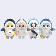 4 keychains of plush cat dolls with large, cute eyes and small mouths. They each wear a shark costume and hold a sea creature, such a seal, a fish, a squid, etc.