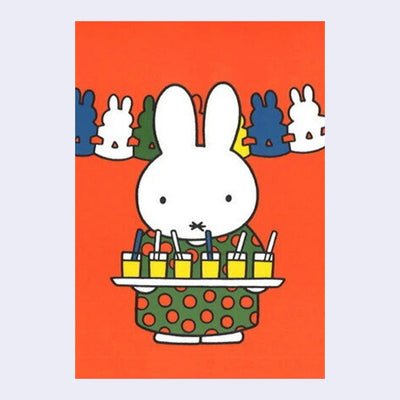 Orange postcard with an illustration of Miffy's mom (a version of herself that looks slightly older wearing a green and orange polka dot dress). She holds a tray of orange juice and stands in front of a wall hanging paper chain.