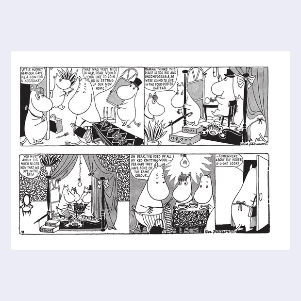 Page excerpt featuring a black and white 5 panel comic from Moomin.