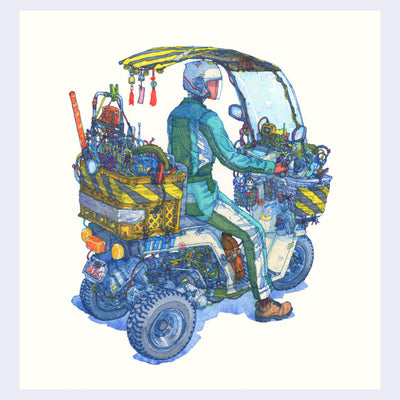 Highly detailed blue ink and watercolor illustration of a red robot wearing a tracksuit riding a 3 wheeled motorbike with crates attached to the front and to the back, which are overflowing with various wires, pipes and mechanical scraps. The windshield extends up to a small fabric canopy that rests over the rider's head.