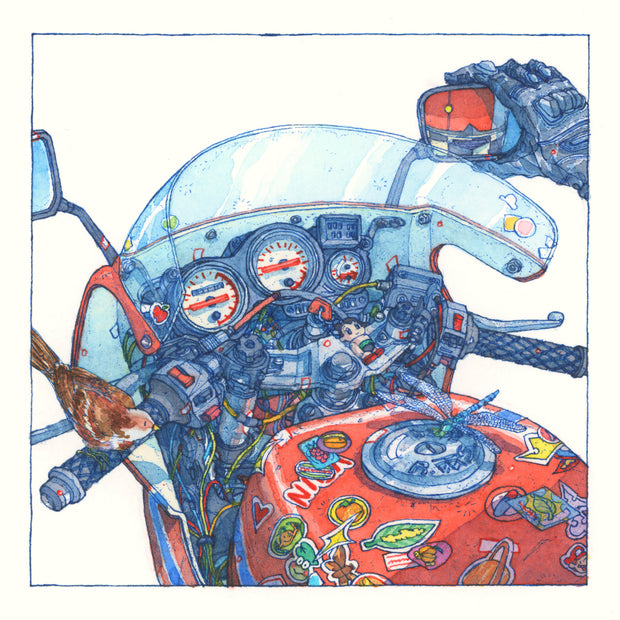 Highly detailed blue ink and watercolor illustration of a motorcycle, viewed from the perspective of the rider, looking down onto the front of the body and the HUD. It has 3 meters, lots of exposed wires and dozens of stickers on the red motorcycle body and even the front windshield. A brown bird and dragonfly rest on the bike.