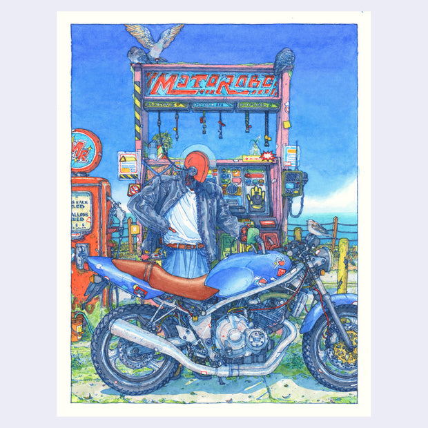 Highly detailed blue ink and watercolor illustration of a red robot with a clear blue mohawk, dressed in a leather jacket and street clothes. It stands at a gas pump and fills the tank of its motorcycle, a shiny blue with a red seat. The station is along a beach highway with several birds flying around it.