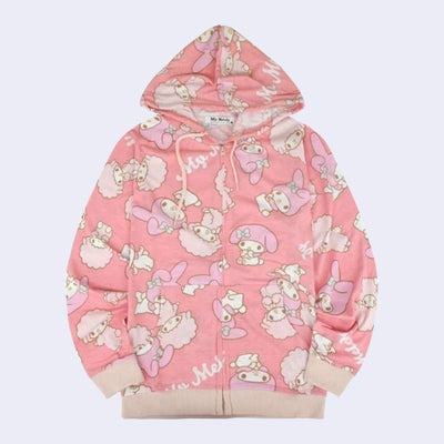 Pink hooded zip up jacket with an all over pattern of My Melody and My Sweet Piano, sitting next to one another with "My Melody" written in white cursive throughout the pattern.