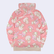 Pink hooded zip up jacket with an all over pattern of My Melody and My Sweet Piano, sitting next to one another with "My Melody" written in white cursive throughout the pattern.