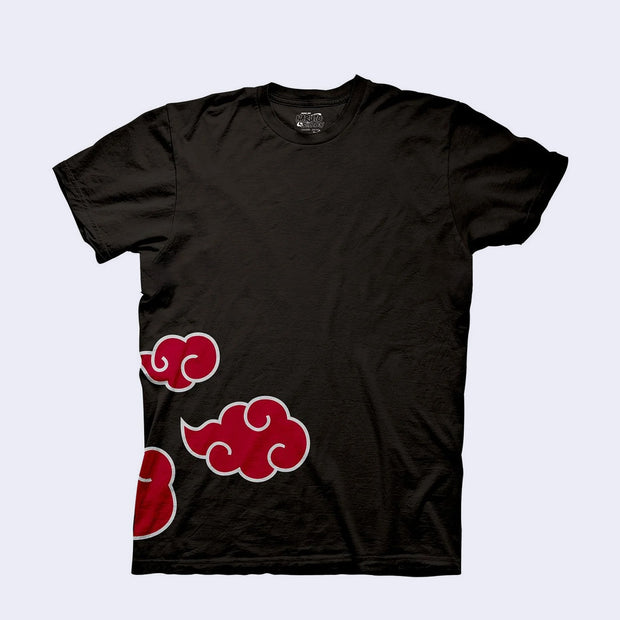 Black t-shirt, mostly blank aside from 3 red clouds with white outlines on the side, seen from Naruto.