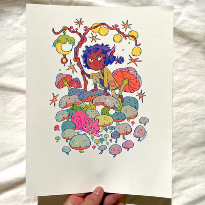 Risograph print of a tan girl with purple hair and pointed animal ears standing atop several large mushrooms. A neon pink cat lays nearby. The girl holds onto a thin branch with large yellow fruit coming off of it.