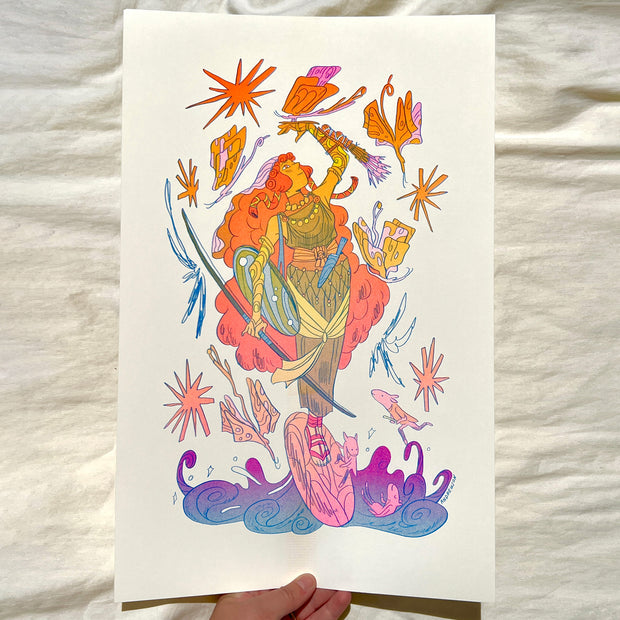 Risograph print of a woman with very long orange hair, wearing light leather armor and a long cloth dress. She stands atop of a shield which balances on water. She holds a long bow and butterflies fly around her.