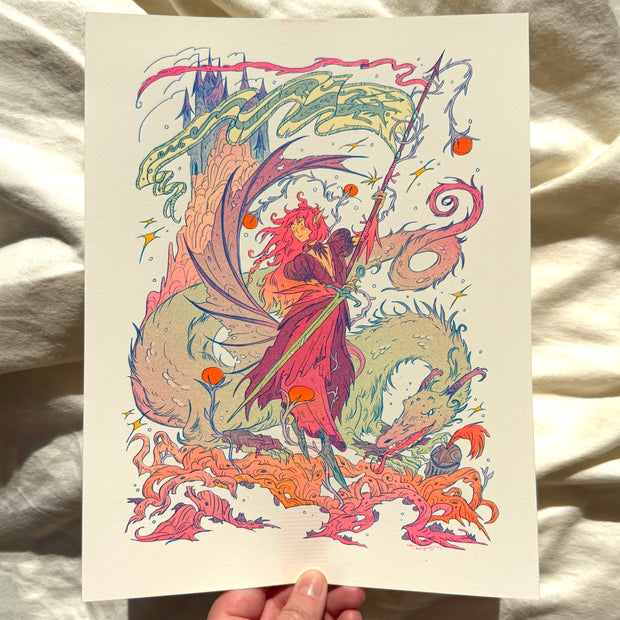 Risograph print of a woman with long pink hair and a long dark purple dress. She wields a longsword and a long pole with a banner flag. A green dragon lays behind her and tangled roots are in front of her. A castle can be seen in the distance.