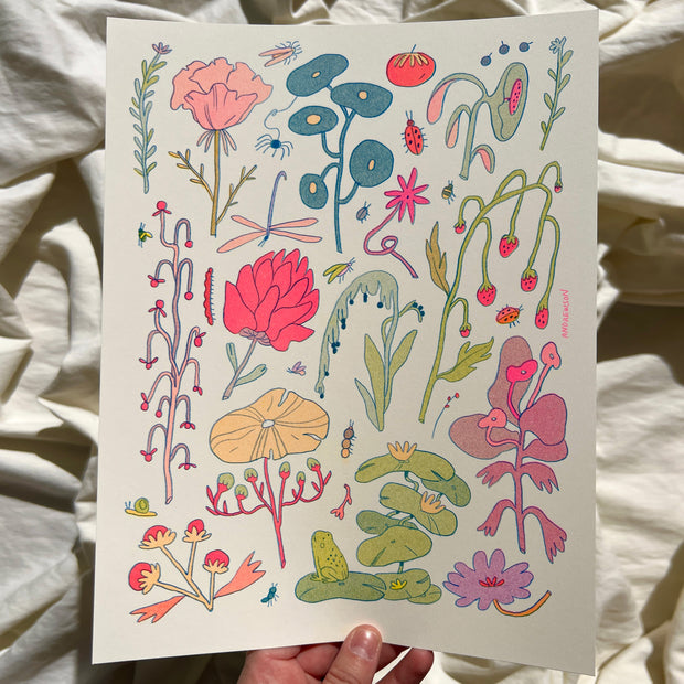 Risograph print of several flowers, drawn in a stylistic manner with simplistic shapes and semi abstracted. Colors are mostly light with some fluorescent pops.