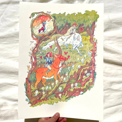 Colorful illustration of art inspired by Princess Mononoke, who is riding atop a large white wolf, opposite of a hunter riding atop of an orange deer creature. They stand in a forested area, with branches filled with small white woodland spirits all around.