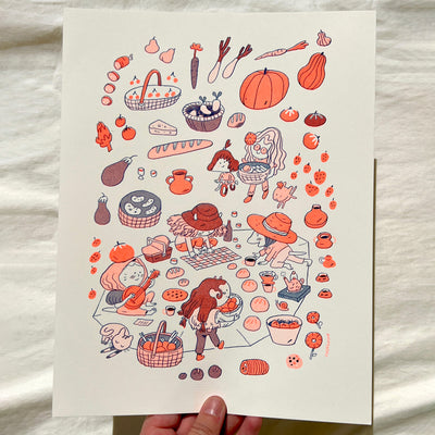 Several doodle-like illustrations on cream paper of a picnic setting, with several cartoon style small people sitting on a blanket eating food. Various foods are drawn around, mostly fruits and vegetables.