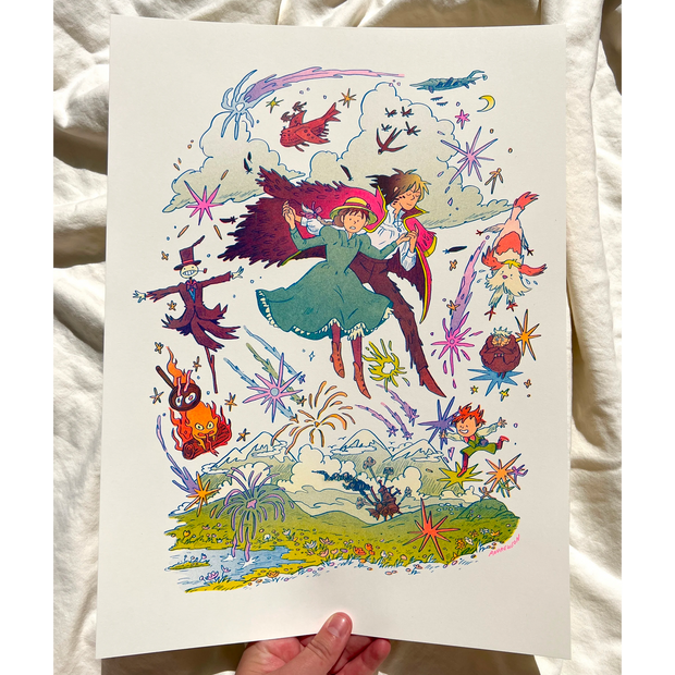 Risograph print of Howl and Sophie from Howl's Moving Castle, leaping over an open countryside landscape with shooting sparks all around them and various other characters from the film around the scene.